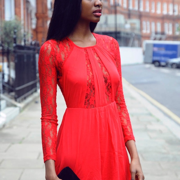 NEW ASOS Lace Insert Skater Dress With High Low Hem - Red / UK 10 US 6 - Picture 8 of 17
